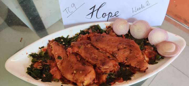 Roasted Chicken with Tomato/Spinach Sauce.
