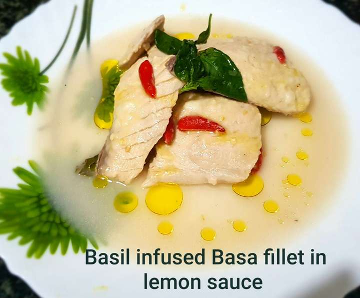 Basil infused Basa fillet in lemon sauce 