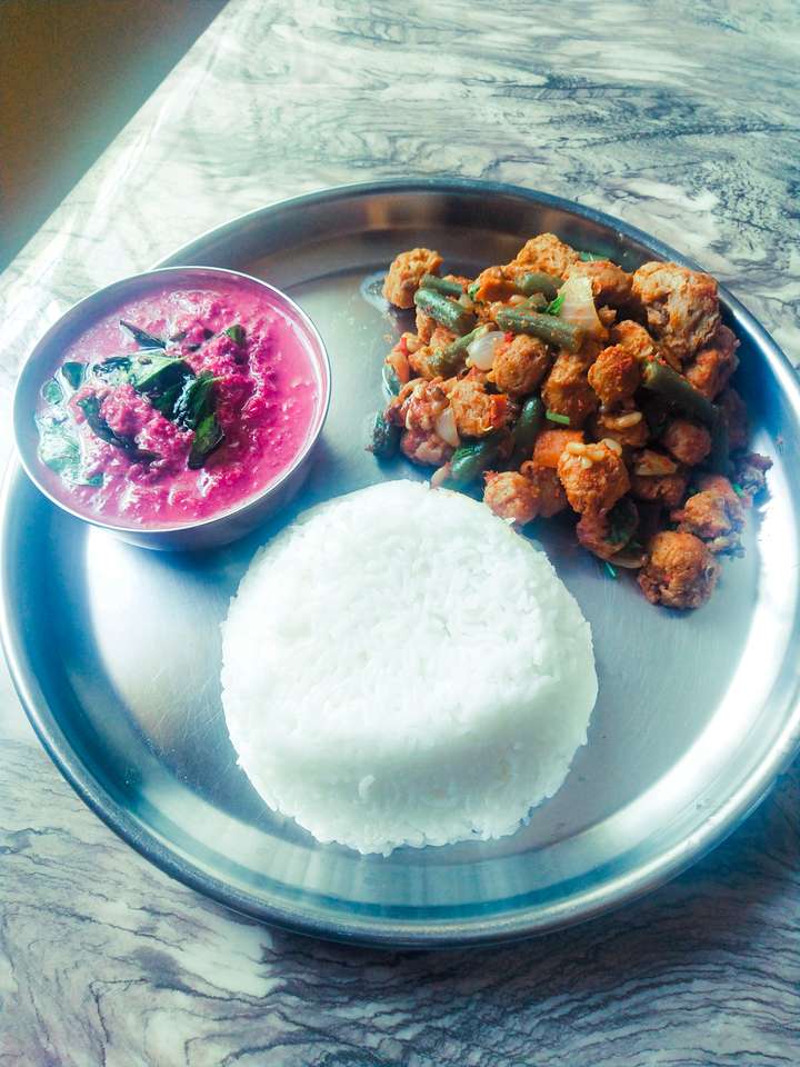 Beetroot pachadi ,soya chunks Sabji and rice 