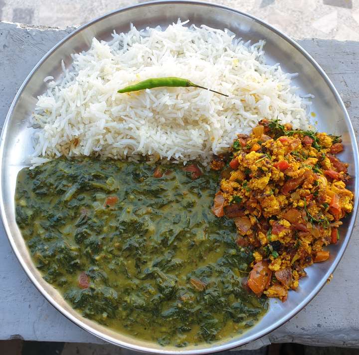 Palak Dhabdi,Paneer Bhurji & Rice